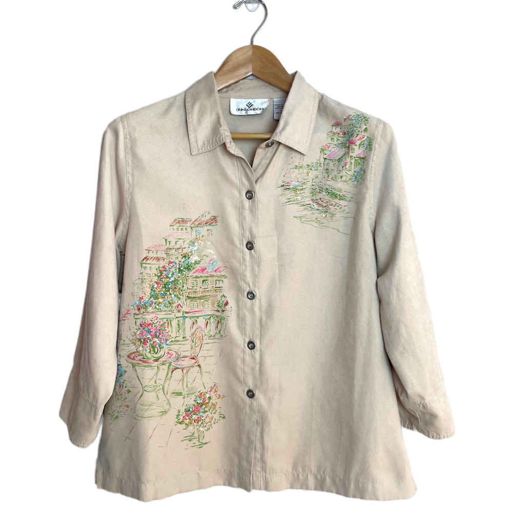 🍀 ERIN London Tan Faux Suede Button Down With Bistro Scene Women’s Size Large
